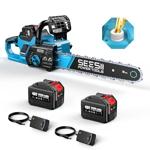 SEESII 40V 16-Inch Cordless Chainsaw: Brushless Electric Chain Saws with 2×4.0Ah Batteries &...