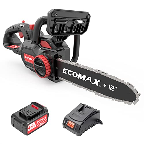 Ecomax 18V Cordless Chainsaw, 12' Chain and Double Safety Switch, 4Ah Battery and Quick Charge...