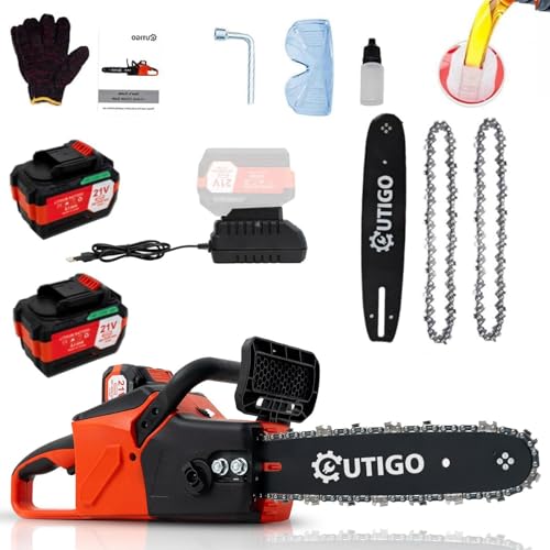 Cordless Electric Chainsaw, 1000W Brushless Chainsaw 12-Inch with 2×21V Batteries, 2 Replacement...