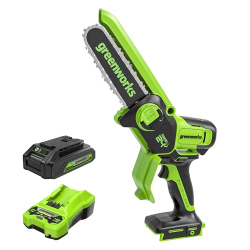 Greenworks 24V 6' Brushless Mini Chainsaw, Small Cordless Handheld Saw, 2.0Ah Battery and Charger...