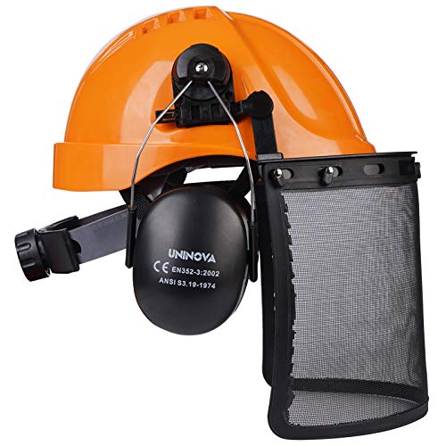 UNINOVA Hard Hat Forestry Safety Helmet H0704, 3-IN-1 Chainsaw Helmet, Ear Muffs and Mesh Face Shield ANSI approved (H0704 Orange)