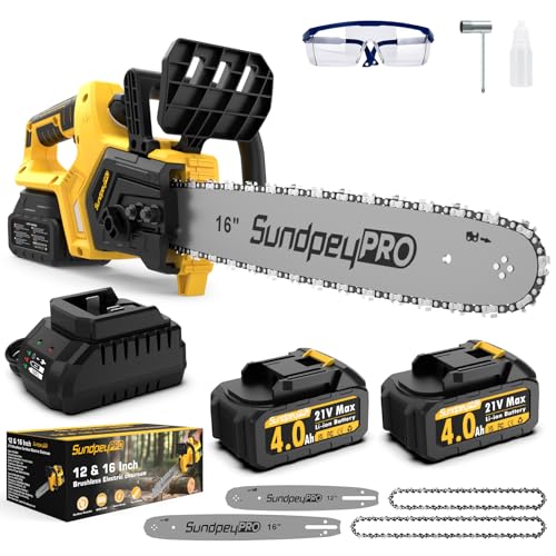 SundpeyPRO Brushless Electric Cordless Chainsaw - 12' & 16' Dual Guide Plate 21V Electric Chain Saw...