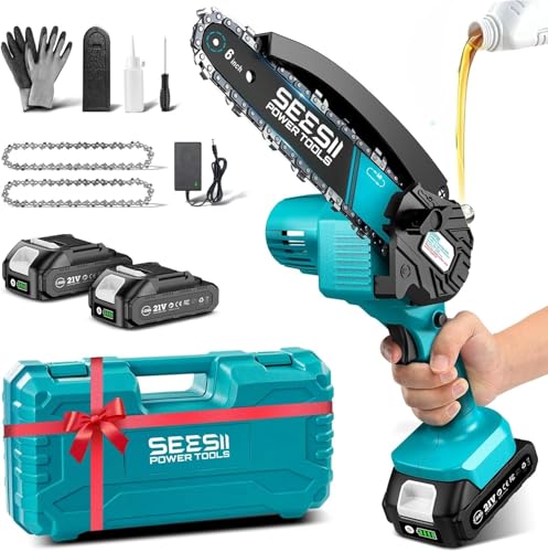 SEESII Mini Chainsaw 6 inch,Cordless Chainsaw w/ 2x2000mAh Batteries,Oiler System & Replacement...
