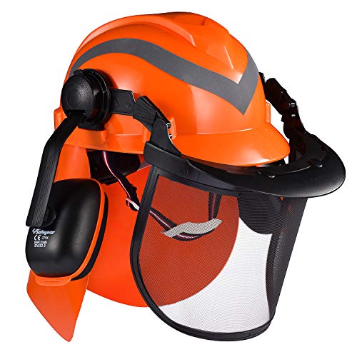 SAFEYEAR Forestry Hard Hat, Cap Style Chainsaw Safety Helmet with 4 Point Ratchet Suspension for Women & Men, with adjustable Ear Muffs & Face Shield Visor, Neck Shade (Orange 1 Unit)