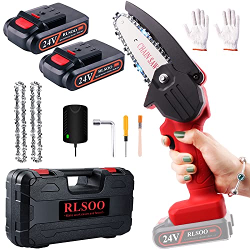 Mini Chainsaw, RLSOO Upgraded 4-Inch 24V Battery Powered Cordless Chainsaw, Portable One-Handed...