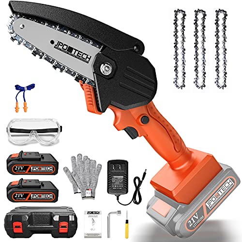 JPOWTECH Mini Chainsaw, Upgraded 4 Inch Cordless Small Chain Saw with 3Pcs Chains & 2Pcs 21V Rechargeable Batteries Portable One Hand Electric Chainsaw for Branch Pruning Tree Trimming Wood Cutting