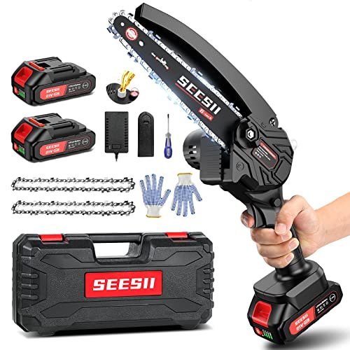 6-inch Mini ChainSaw, SeeSii Cordless Chainsaw with 2x 2.0Ah Batteries Auto-oil System One-Handed...