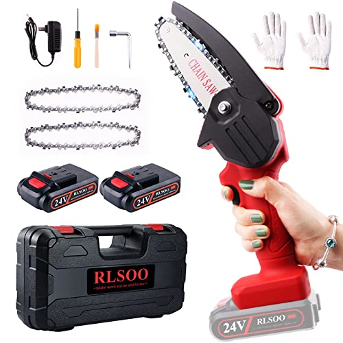 Mini Chainsaw, RLSOO Upgraded 4-Inch 24V Battery Powered Cordless Chainsaw, Portable One-Handed Rechargeable Electric Chainsaw for Tree Trimming Branch Wood Cutting（2 Batteries, 2 Chains Included）