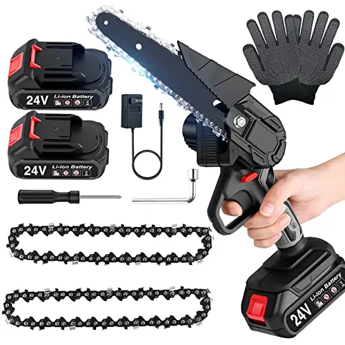 6-Inch Mini Chainsaw with Safety Lock LED light 24V Lithium Battery Cordless Electric Chainsaw Lightweight 2 Batteries and Chains Pruning Shears Chain Saw
